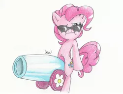 Size: 2643x2016 | Tagged: artist:ethereal-desired, cannon penis, derpibooru import, party cannon, pinkie pie, smosh, solo, suggestive, sunglasses, traditional art