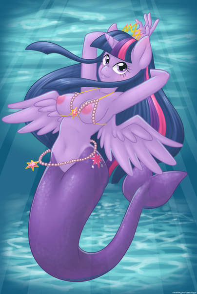 Size: 1280x1900 | Tagged: anthro, armpits, artist:rapps, breasts, clothes, derpibooru import, female, mermaid, nipples, nudity, questionable, solo, solo female, topless, twilight sparkle, twilight sparkle (alicorn), underwater