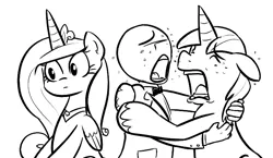 Size: 729x422 | Tagged: safe, artist:shoutingisfun, derpibooru import, princess cadance, shining armor, oc, oc:anon, alicorn, human, pony, unicorn, black and white, bowtie, crying, grayscale, hug, liquid pride, monochrome, sad armor, simple background, white background