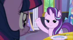 Size: 2551x1401 | Tagged: safe, derpibooru import, screencap, starlight glimmer, twilight sparkle, twilight sparkle (alicorn), alicorn, pony, no second prances, buffering, discovery family logo, female, mare, raised hoof