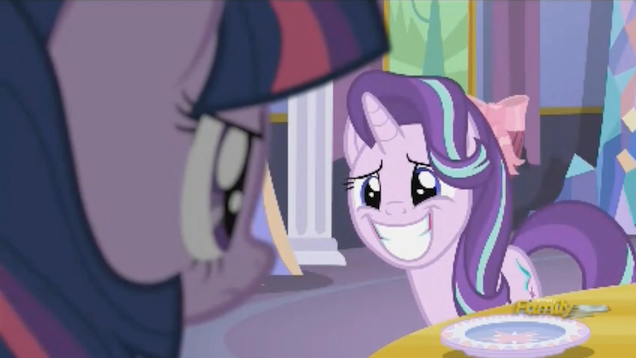 Size: 636x358 | Tagged: safe, derpibooru import, screencap, starlight glimmer, twilight sparkle, twilight sparkle (alicorn), alicorn, pony, no second prances, discovery family logo, female, mare, nervous grin