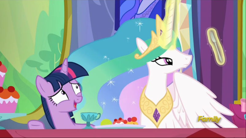 Size: 2527x1425 | Tagged: safe, derpibooru import, screencap, princess celestia, twilight sparkle, twilight sparkle (alicorn), alicorn, pony, no second prances, discovery family logo, female, fork, magic, mare, silverware, strawberry pick, telekinesis, twilight's castle