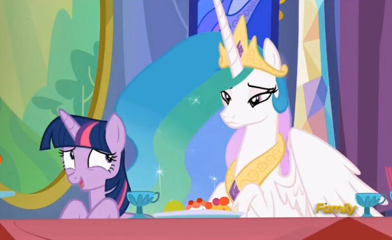 Size: 860x527 | Tagged: safe, derpibooru import, screencap, princess celestia, twilight sparkle, twilight sparkle (alicorn), alicorn, pony, no second prances, celestia is not amused, discovery family logo, female, mare