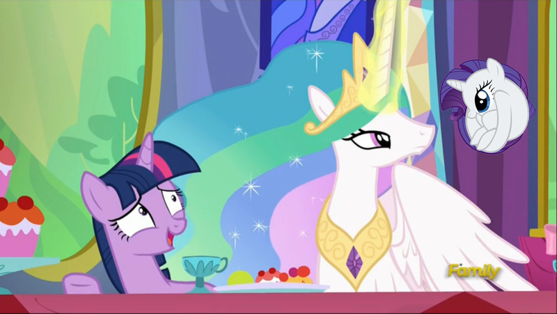 Size: 1280x722 | Tagged: safe, derpibooru import, edit, edited screencap, screencap, princess celestia, rarity, twilight sparkle, twilight sparkle (alicorn), alicorn, pony, no second prances, discovery family logo, female, mare, meme, nervous, rariball, twilight's castle