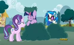 Size: 869x526 | Tagged: safe, derpibooru import, screencap, starlight glimmer, twilight sparkle, twilight sparkle (alicorn), vinyl scratch, alicorn, pony, unicorn, no second prances, bush, bushanka, bushicorn, discovery family logo, female, mare, trio