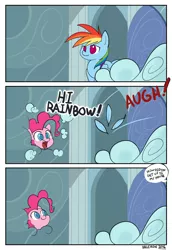 Size: 2650x3850 | Tagged: safe, artist:valcron, derpibooru import, pinkie pie, rainbow dash, earth pony, pegasus, pony, cloud, comic, cute, dialogue, feather, female, how, mare, open mouth, pinkie being pinkie, pinkie physics, scared, smiling, speech bubble, surprised