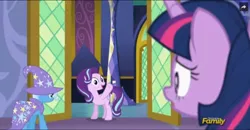 Size: 1033x537 | Tagged: safe, derpibooru import, screencap, starlight glimmer, trixie, twilight sparkle, twilight sparkle (alicorn), alicorn, pony, no second prances, animation error, counterparts, discovery family logo, female, magical trio, mare, missing horn, twilight's counterparts