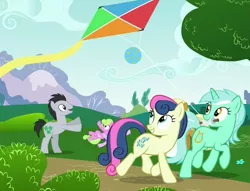 Size: 1399x1069 | Tagged: safe, derpibooru import, screencap, bon bon, daisy, flower wishes, lucky clover, lyra heartstrings, sea swirl, seafoam, sweetie drops, earth pony, pony, unicorn, no second prances, adorabon, best friends, cute, female, kite, kite flying, lyrabetes, male, mare, stallion