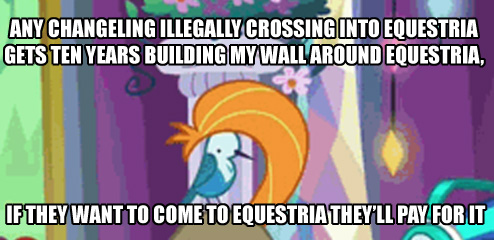 Size: 494x240 | Tagged: artist:adenyne, bird, cranky doodle donkey, derpibooru import, donald chirp, donald trump, donkey, edit, edited screencap, hummingbird, image macro, meme, no second prances, politics, safe, screencap, solo focus, songbird, vinyl scratch, wig