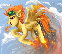 Size: 1650x1450 | Tagged: artist:meotashie, badass, derpibooru import, epic, fire, flying, goggles, looking at you, safe, solo, spitfiery, spitfire