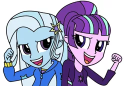 Size: 848x584 | Tagged: safe, artist:trixiedusk09, derpibooru import, starlight glimmer, trixie, equestria girls, friendship games, no second prances, counterparts, female, lesbian, shipping, simple background, startrix, twilight's counterparts, white background