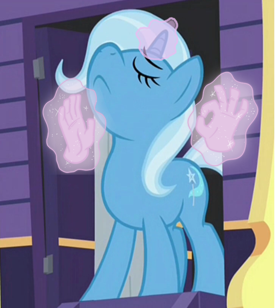 Size: 726x813 | Tagged: safe, derpibooru import, edit, edited screencap, screencap, trixie, pony, unicorn, no second prances, caravan, exploitable meme, female, hand, magic, magic hands, mare, meme, pacha, the emperor's new groove, trixie's wagon, wagon, when x just right, 👌