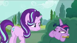 Size: 1600x900 | Tagged: safe, derpibooru import, screencap, starlight glimmer, twilight sparkle, twilight sparkle (alicorn), alicorn, pony, no second prances, bush, discovery family logo, female, hiding, mare, twilight bushel