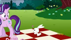 Size: 1920x1080 | Tagged: angel bunny, derpibooru import, discovery family logo, female, heart, interspecies, male, no second prances, out of context, safe, screencap, shipping, starbunny, starlight glimmer, straight