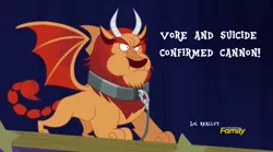 Size: 1175x654 | Tagged: safe, derpibooru import, edit, edited screencap, screencap, trixie, manticore, pony, unicorn, no second prances, cannon, canon, caption, discovery family logo, eaten alive, female, lol, mare, misspelling, moonshot manticore mouth dive, predation, suicide, vore, you know for kids