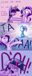 Size: 1714x4096 | Tagged: safe, derpibooru import, starlight glimmer, trixie, twilight sparkle, twilight sparkle (alicorn), alicorn, pony, unicorn, no second prances, :t, absurd resolution, annoyed grunt, comic, counterparts, curved horn, d'oh, dialogue, eyes closed, female, floppy ears, great and powerful, grin, homer simpson, magical trio, mare, nose wrinkle, pushing, simpsons did it, sitting, smiling, speech bubble, squee, ta-da!, the simpsons, twilight's counterparts