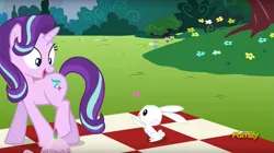 Size: 1365x767 | Tagged: angelbetes, angel bunny, cute, derpibooru import, discovery family logo, heart, no second prances, safe, screencap, starlight glimmer, starlight is a bunny fondler