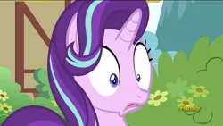 Size: 1600x900 | Tagged: safe, derpibooru import, screencap, starlight glimmer, pony, unicorn, no second prances, discovery family logo, faic, solo, surprised, wide eyes