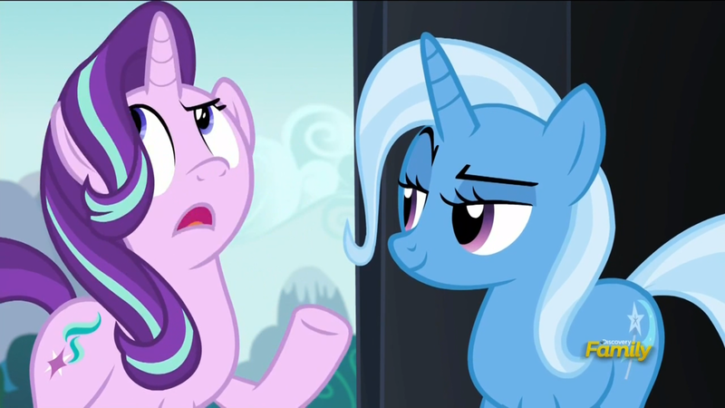 Size: 1600x900 | Tagged: safe, derpibooru import, screencap, starlight glimmer, trixie, pony, unicorn, no second prances, discovery family logo, female, mare, raised hoof, talking