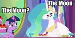 Size: 960x491 | Tagged: safe, derpibooru import, edit, edited screencap, screencap, princess celestia, twilight sparkle, twilight sparkle (alicorn), alicorn, pony, no second prances, celestia is not amused, discovery family logo, done with your shit, female, floppy ears, frown, glare, image macro, mare, meme, nervous, smiling, tired of your shit, to the moon, unamused