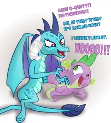 Size: 968x1066 | Tagged: safe, artist:changeling #209458, derpibooru import, princess ember, spike, dragon, adorkable, baby, baby dragon, big no, cute, dialogue, dork, dragoness, emberbetes, female, looking at each other, male, mare, one eye closed, one eye open, open mouth, simple background, spikabetes, tickling, weapons-grade cute, white background