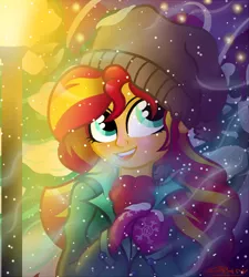 Size: 900x1000 | Tagged: safe, artist:sunsetcrady, derpibooru import, sunset shimmer, equestria girls, beanie, clothes, cute, hat, open mouth, shimmerbetes, signature, snow, snowfall, solo, winter outfit