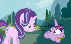 Size: 867x529 | Tagged: safe, derpibooru import, screencap, starlight glimmer, twilight sparkle, twilight sparkle (alicorn), alicorn, pony, no second prances, annoyed, book, bush, discovery family logo, female, hiding, mare, meta, that pony sure does love books, thief, twilight bushel