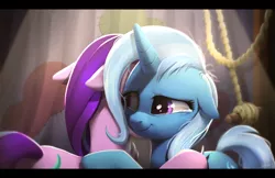 Size: 1849x1198 | Tagged: safe, artist:imalou, derpibooru import, starlight glimmer, trixie, pony, unicorn, no second prances, crying, female, floppy ears, hug, mare, messy mane, reconciliation, scene interpretation, shipping, smiling, startrix, teary eyes, that was fast