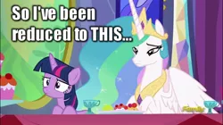 Size: 1024x575 | Tagged: safe, derpibooru import, edit, screencap, princess celestia, twilight sparkle, twilight sparkle (alicorn), alicorn, pony, no second prances, celestia is not amused, discovery family logo, female, mare, unamused