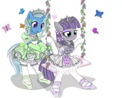 Size: 580x464 | Tagged: safe, artist:avchonline, derpibooru import, maud pie, trixie, butterfly, pony, unicorn, ballerina, ballet slippers, bipedal, blushing, bow, canterlot royal ballet academy, clothes, cute, eyeshadow, female, flower, makeup, mare, stockings, swing, tiara, tutu
