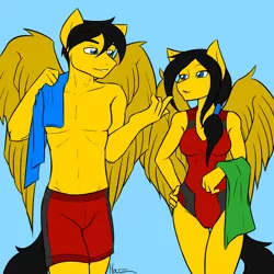 Size: 900x900 | Tagged: anthro, artist:holtzmann, bare chest, black hair, clothes, derpibooru import, female, male, oc, oc:steelshine, one-piece swimsuit, pegasus, rule 63, safe, self ponidox, swimsuit, talking, topless, towel, unofficial characters only, walking