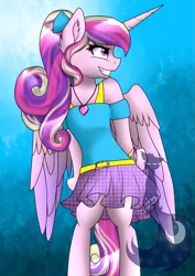 Size: 1061x1500 | Tagged: alicorn, anthro, arm hooves, artist:blackdark143, belt, clothes, derpibooru import, grin, princess cadance, safe, skirt, solo, spread wings, tanktop, unguligrade anthro, watermark