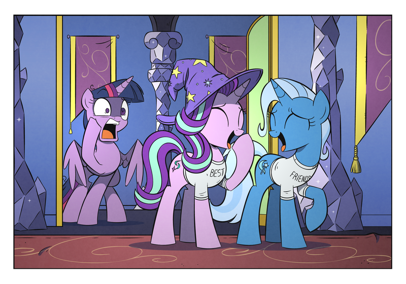 Size: 2000x1400 | Tagged: safe, artist:wandrevieira1994, derpibooru import, starlight glimmer, trixie, twilight sparkle, twilight sparkle (alicorn), alicorn, pony, unicorn, no second prances, accessory swap, best friends, clothes, counterparts, eyes closed, female, i can't believe it's not idw, laughing, magical trio, mare, open mouth, raised hoof, screaming, shirt, smiling, spread wings, trixie's hat, twilight's counterparts, wide eyes