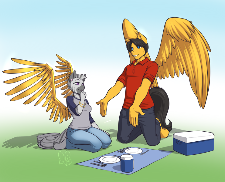 Size: 2100x1700 | Tagged: anthro, anthro oc, artificial wings, artist:kittydee, augmented, casual, clothes, date, derpibooru import, ear piercing, female, happy, male, mare, mechanical wing, neighvada nights, oc, oc:sadaka, oc:steelshine, oc x oc, pegasus, picnic, piercing, safe, shipping, smiling, stallion, straight, unguligrade anthro, unofficial characters only, wings, zebra, zebra oc