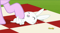 Size: 858x482 | Tagged: safe, derpibooru import, screencap, angel bunny, starlight glimmer, pony, rabbit, unicorn, no second prances, animal, animated, bellyrubs, cute, discovery family logo, eyes closed, female, grin, heart, lidded eyes, looking back, mare, on back, open mouth, petting, raised hoof, smiling, talking, tickling, wide eyes
