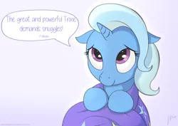 Size: 1280x905 | Tagged: safe, artist:wonkysole, derpibooru import, trixie, pony, unicorn, bronybait, cape, clothes, cute, dialogue, diatrixes, event horizon of cuteness, female, floppy ears, great and powerful, hnnng, hug request, mare, snuggles?, solo, speech bubble, third person, trixie's cape, trixie's hat