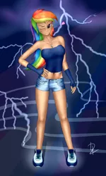 Size: 3840x6400 | Tagged: absurd resolution, armpits, artist:zuko42, belly button, breasts, busty rainbow dash, clothes, derpibooru import, female, fingerless gloves, gloves, heart, human, humanized, lightning, midriff, necklace, one eye closed, pendant, rainbow dash, safe, shoes, shorts, signature, sneakers, solo, wink