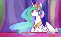 Size: 1518x929 | Tagged: safe, artist:dragk, derpibooru import, princess celestia, pony, no second prances, bored, celestia is not amused, frown, solo, unamused