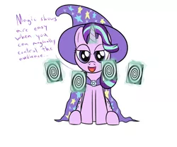 Size: 1200x1000 | Tagged: artist:mightyshockwave, card, derpibooru import, dialogue, hypnosis, magic show, magic trick, no second prances, safe, simple background, solo, starlight glimmer, trixie's hat, white background