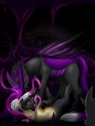 Size: 2100x2800 | Tagged: artist:blueberrysnow, blood, changeling, changelingified, changeling oc, changeling queen, changeling queen oc, crying, derpibooru import, female, mercury shine having another bad time, oc, oc:ember song, oc:mercury shine, purple changeling, semi-grimdark, species swap, tears of pain, transformation, unofficial characters only