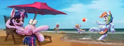 Size: 3600x1350 | Tagged: safe, artist:blackgryph0n, artist:studlyhorn, artist:vitaj, derpibooru import, rainbow dash, twilight sparkle, twilight sparkle (alicorn), oc, oc:princess pomerania, alicorn, pony, armpits, beach, beach ball, beach chair, book, collaboration, female, mare, ocean, open mouth, reading, relaxing, sand, scenery, summer, sunglasses, umbrella