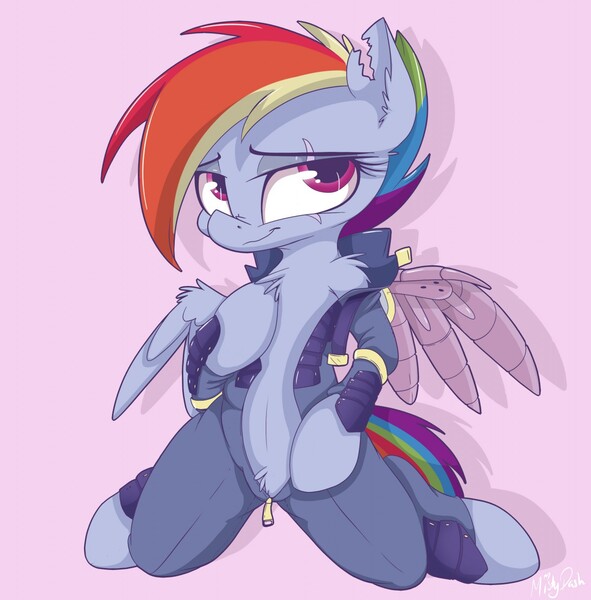 Size: 1261x1280 | Tagged: alternate timeline, amputee, apocalypse dash, artist:mistydash, augmented, chest fluff, crystal war timeline, derpibooru import, female, fluffy, looking at you, prosthetic limb, prosthetic wing, pubic fluff, rainbow dash, scar, smiling, solo, solo female, suggestive, the cutie re-mark, torn ear, undressing