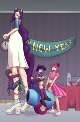 Size: 2819x4263 | Tagged: 2015, absurd resolution, artist:chibibiscuit, book, clothes, cosplay, costume, derpibooru import, dress, eyes closed, giantess, happy new year, high heels, looking down, macro, non-mlp oc, oc, open mouth, pants, party cannon, pinkie pie, rarity, reading, safe, shoes, sitting, size difference, skirt, spike, twilight sparkle