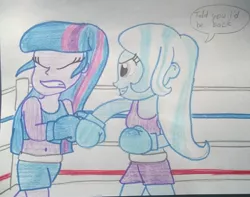 Size: 1943x1531 | Tagged: safe, artist:toyminator900, derpibooru import, trixie, twilight sparkle, equestria girls, boxing, boxing gloves, boxing ring, dialogue, punch