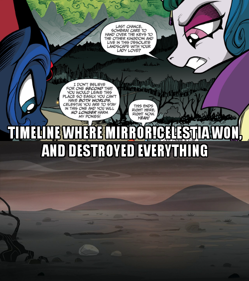 Size: 500x564 | Tagged: safe, derpibooru import, idw, screencap, princess celestia, princess luna, alicorn, pony, the cutie re-mark, spoiler:comic, spoiler:comic20, alternate timeline, ashlands timeline, barren, dark mirror universe, dialogue, evil celestia, evil counterpart, evil luna, evil sisters, gritted teeth, image macro, implied genocide, meme, post-apocalyptic, wasteland