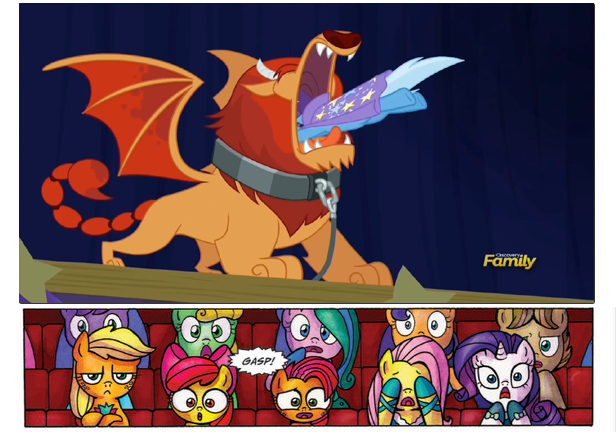 Size: 616x432 | Tagged: safe, derpibooru import, edit, edited screencap, idw, screencap, apple bloom, applejack, babs seed, fluttershy, rarity, trixie, manticore, pony, unicorn, no second prances, applejack is not amused, audience reaction, discovery family logo, female, imminent vore, mare