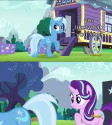 Size: 1274x1420 | Tagged: safe, derpibooru import, edit, screencap, starlight glimmer, trixie, pony, unicorn, no second prances, caption, caravan, discovery family logo, eyes on the prize, female, lesbian, mare, out of context, plot, shipping, startrix, text, trixie's wagon, wagon