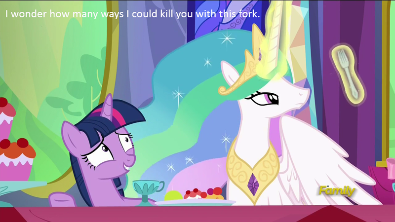 Size: 1280x720 | Tagged: safe, derpibooru import, edit, edited screencap, screencap, princess celestia, twilight sparkle, twilight sparkle (alicorn), alicorn, pony, no second prances, bored, caption, discovery family logo, female, fork, forklestia, inner thoughts, mare, scene interpretation