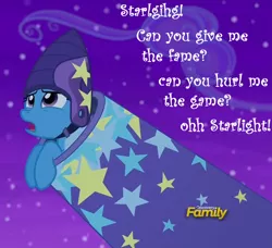 Size: 784x715 | Tagged: safe, derpibooru import, edit, edited screencap, screencap, trixie, pony, unicorn, no second prances, discovery family logo, female, helmet, image macro, implied starlight glimmer, lyrics, manticore mouth dive, mare, meme, solo, song reference, text, the supermen lovers, trixie's cannon