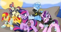 Size: 3213x1701 | Tagged: safe, artist:blackbewhite2k7, derpibooru import, moondancer, starlight glimmer, sunset shimmer, trixie, twilight sparkle, pony, equestria girls, alternate timeline, alternate universe, amulet, armor, cloak, clothes, commission, counterparts, fanfic art, fanfic cover, fantasy, group shot, magical quintet, mountain, ocean, s5 starlight, staff, staff of sameness, sunset, twilight's counterparts